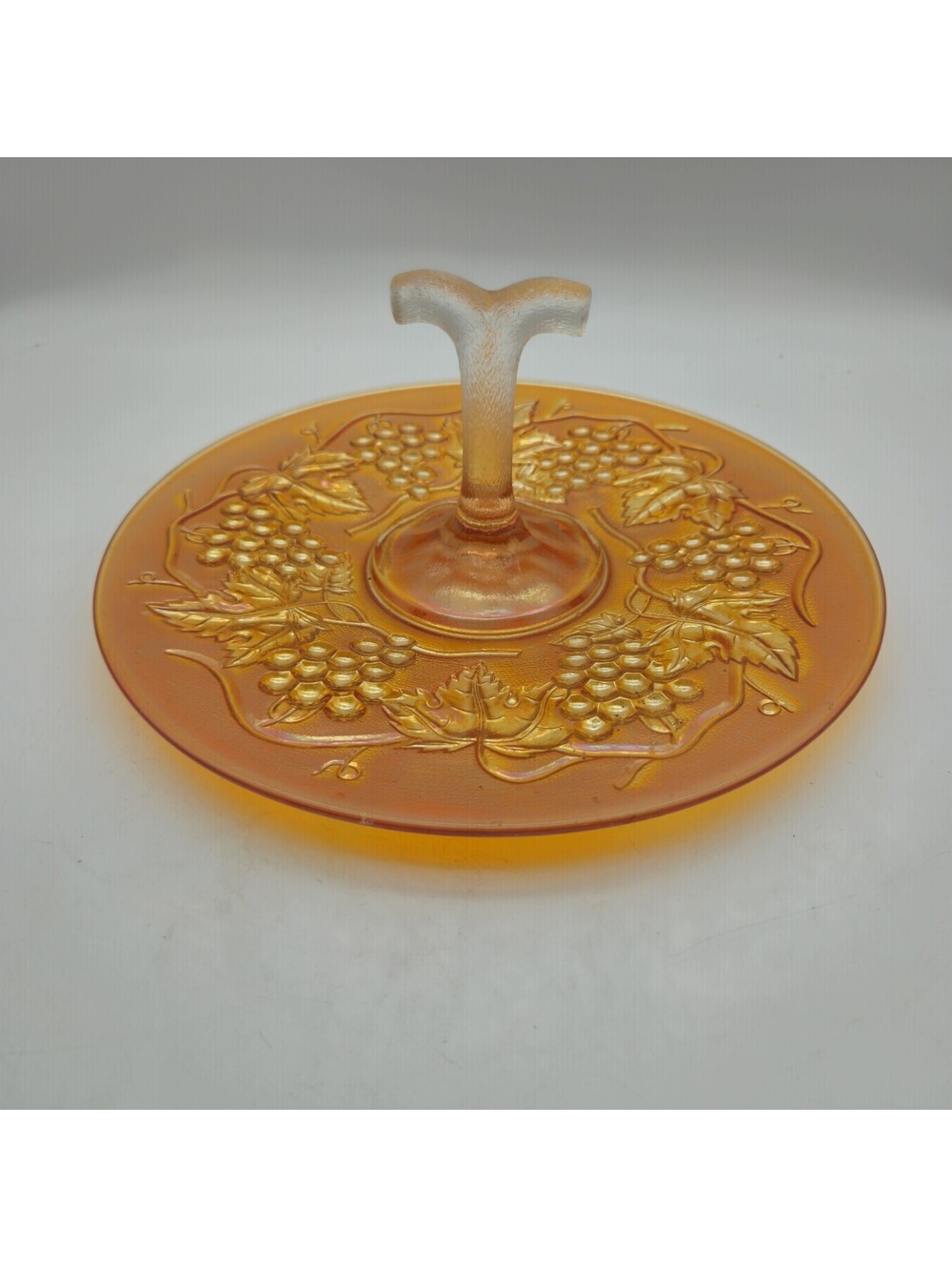 VTG Marigold Carnival Glass Embossed Grapes Handle Serving Tidbit Tray Imperial